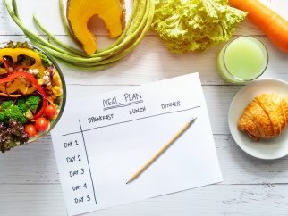 Food items sitting on a table and a meal planning sheet
